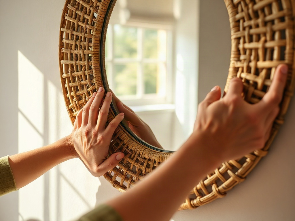 Detailaufnahme der Montage eines großen Rattan-Spiegels an der Schlafzimmerwand