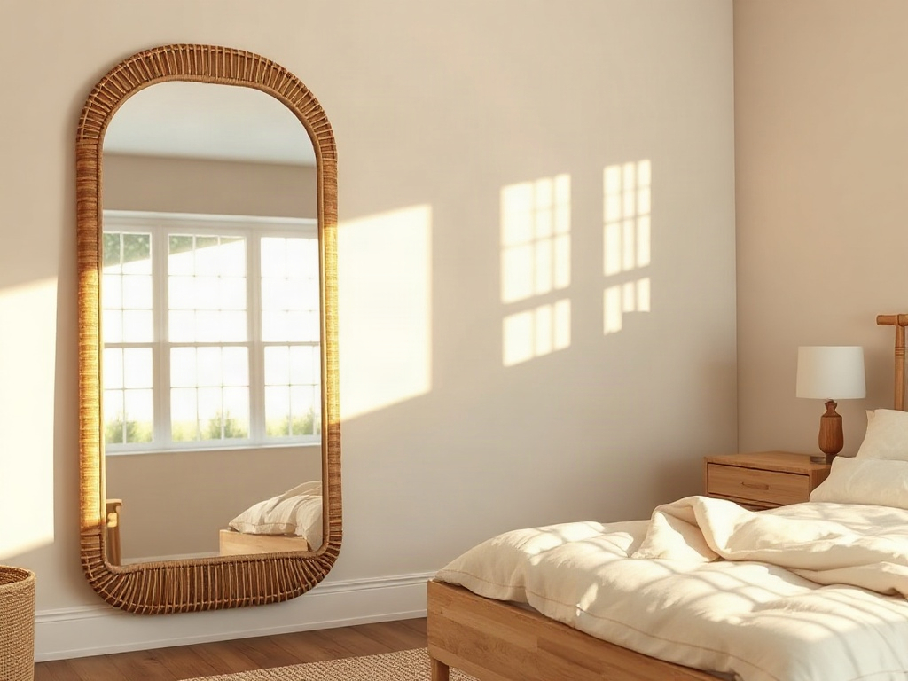 Ein großer Rattan-Wandspiegel im Schlafzimmer reflektiert Tageslicht