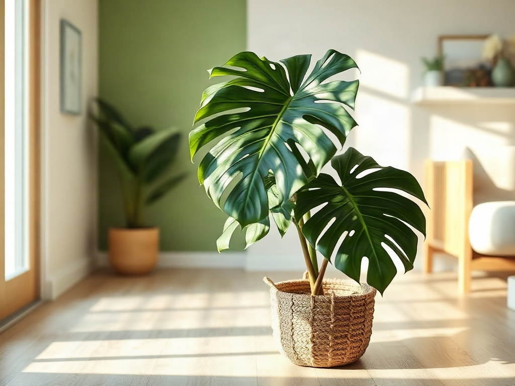 Eine etablierte Monstera in einem proportional passenden Rattan-Übertopf mit sichtbarem Platzangebot
