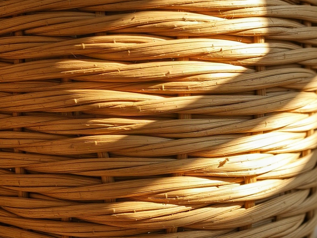Detailaufnahme der Rattan-Flechtung eines großen Übertopfes mit Gegenlicht