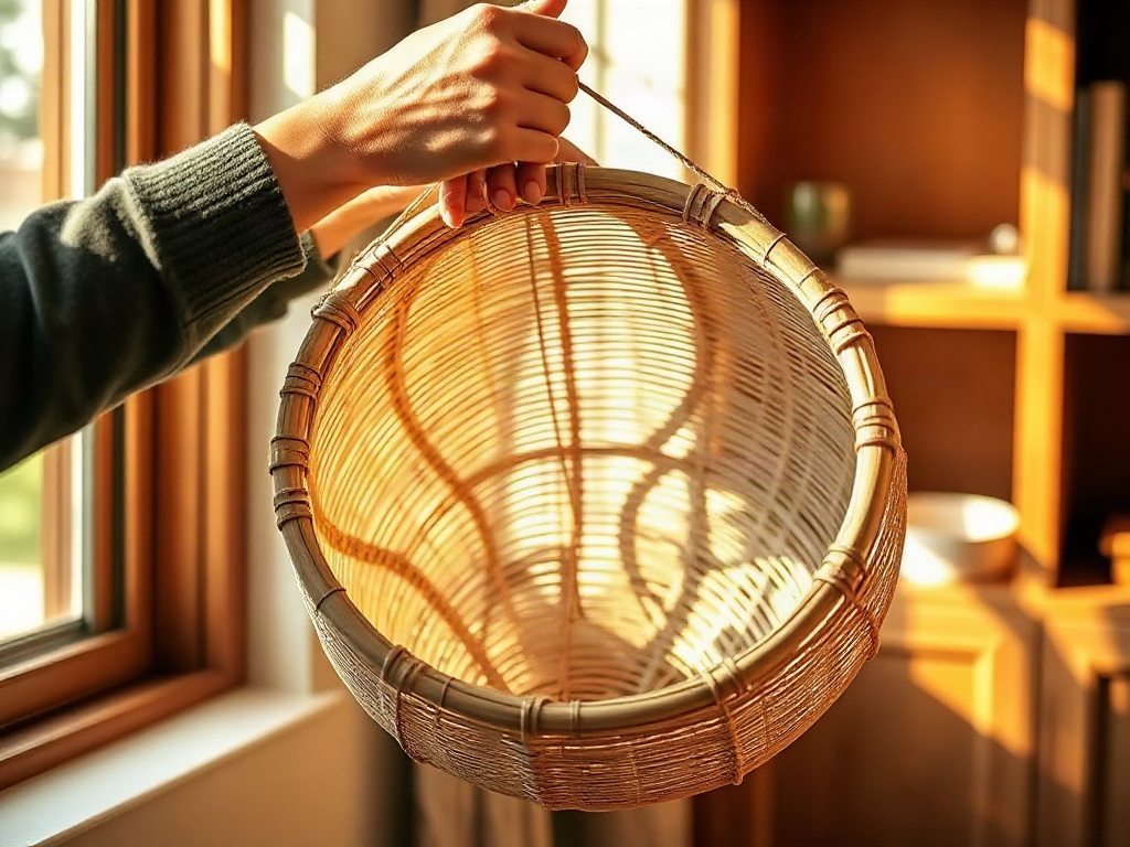 Hände heben einen großen leeren Rattan-Übertopf an, um das Gewicht zu prüfen