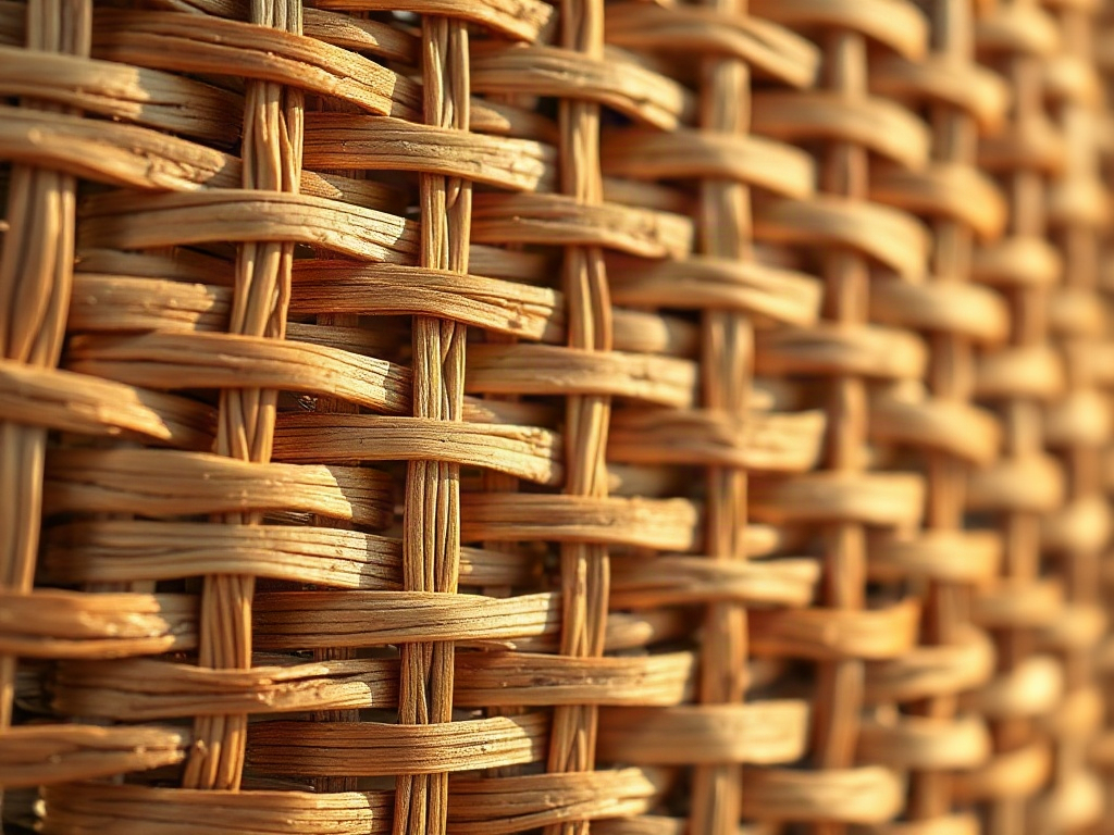 Nahaufnahme der Flechtstruktur einer handgeflochtenen Rattan-Vase mit natürlichem Licht