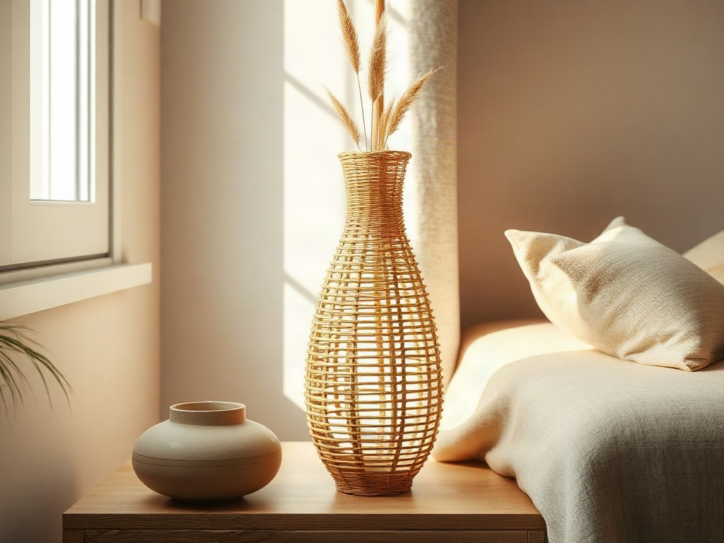 Handgeflochtene Rattan-Vase mit Glas-Inliner und getrockneten Gräsern in einem Wohnzimmer