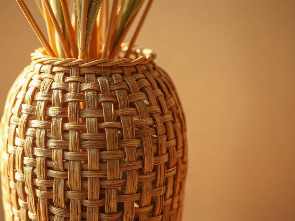 Nahaufnahme der Flechtstruktur einer Rattan-Vase mit Trockenblumen in natürlichem Licht