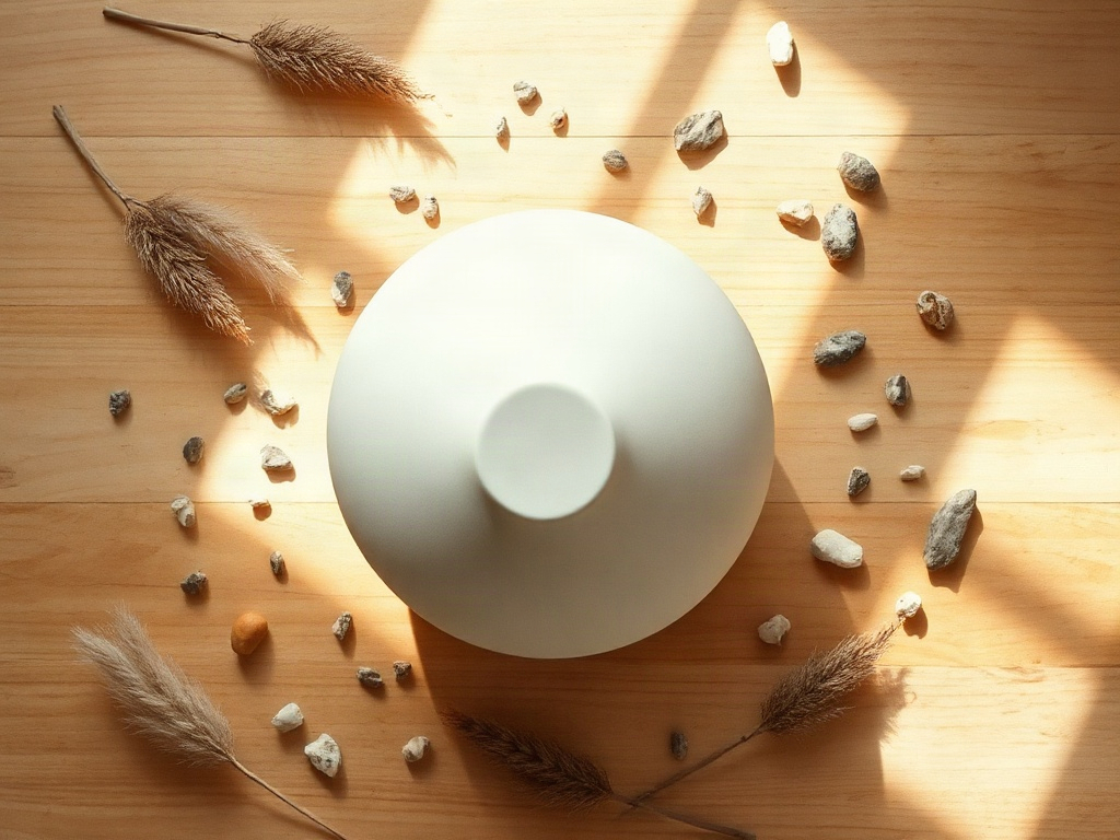 Keramik-Vase mit matter Oberfläche und Trockengräsern in Naturlicht