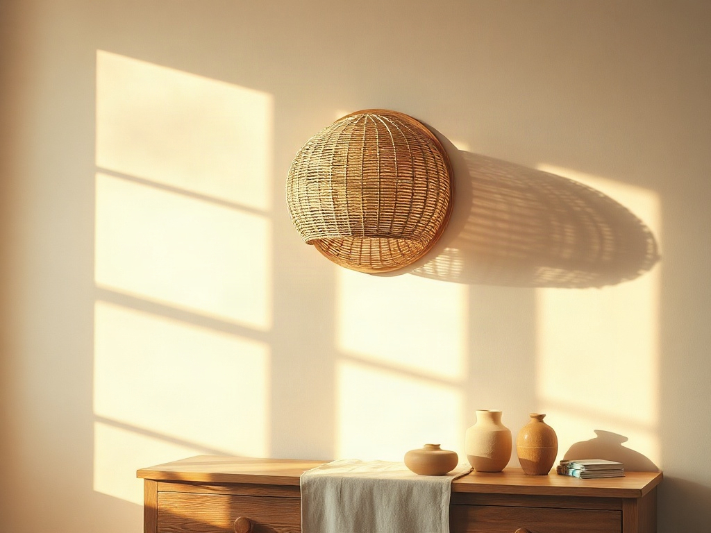Handgeflochtene Rattan-Wandleuchte in warmem LED-Licht an der Wand eines Schlafzimmers